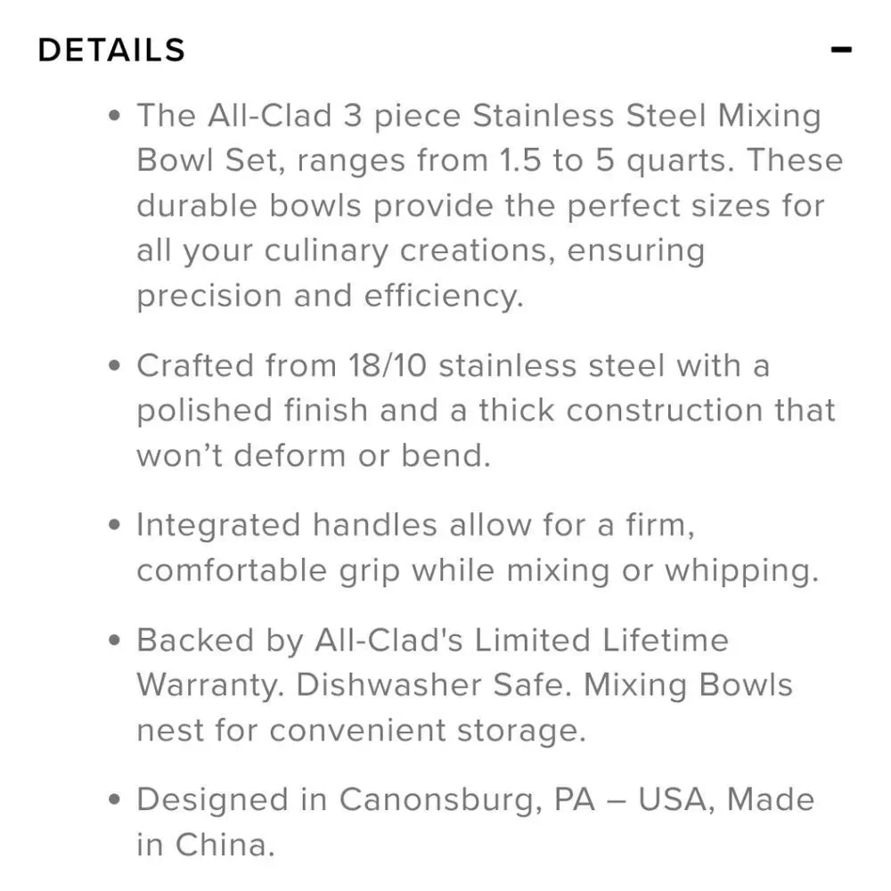 All-Clad‎ 1.5QT Stainless Steel Mixing Bowl